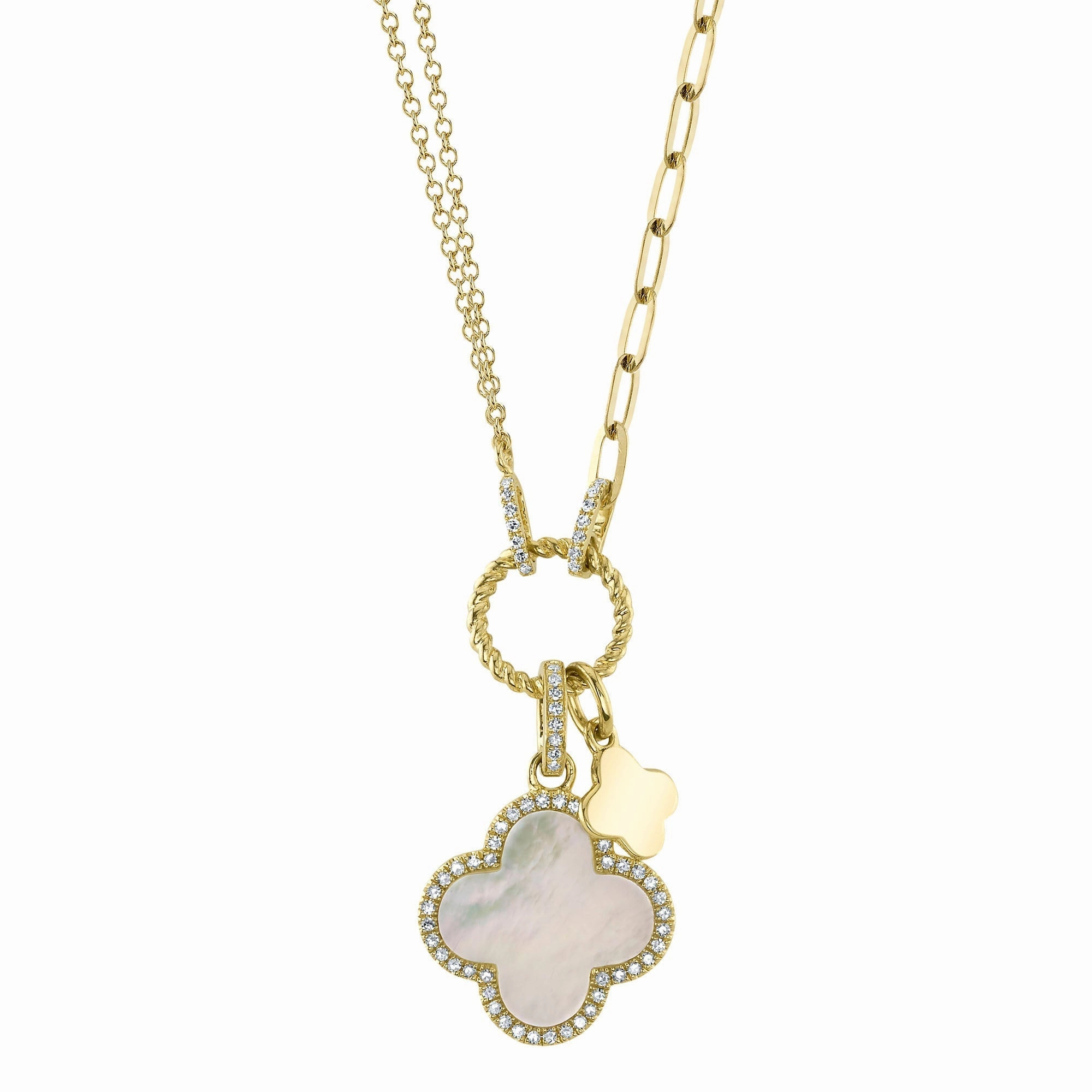 Shy Creation 0.17Ct Diamond & 1.36Ct Mother Of Pearl Clover Paper Clip Link Necklace SC55023485V2