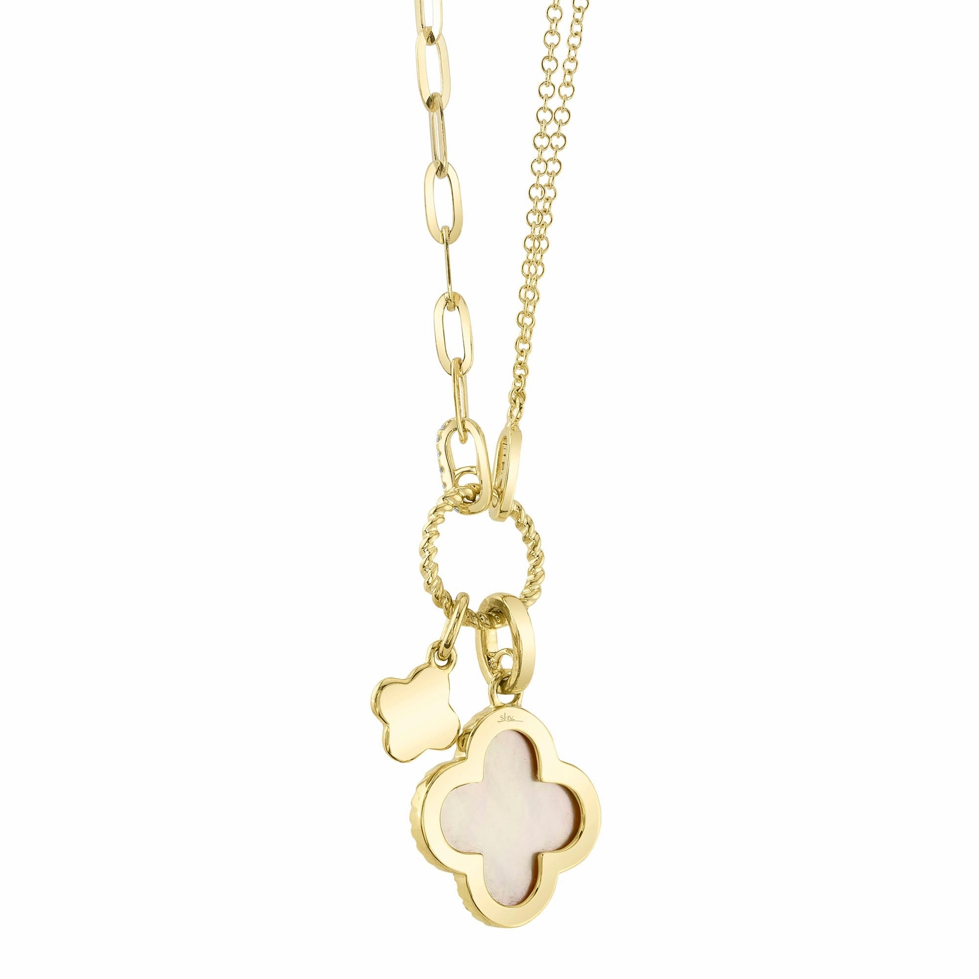 Shy Creation 0.17Ct Diamond & 1.36Ct Mother Of Pearl Clover Paper Clip Link Necklace SC55023485V2