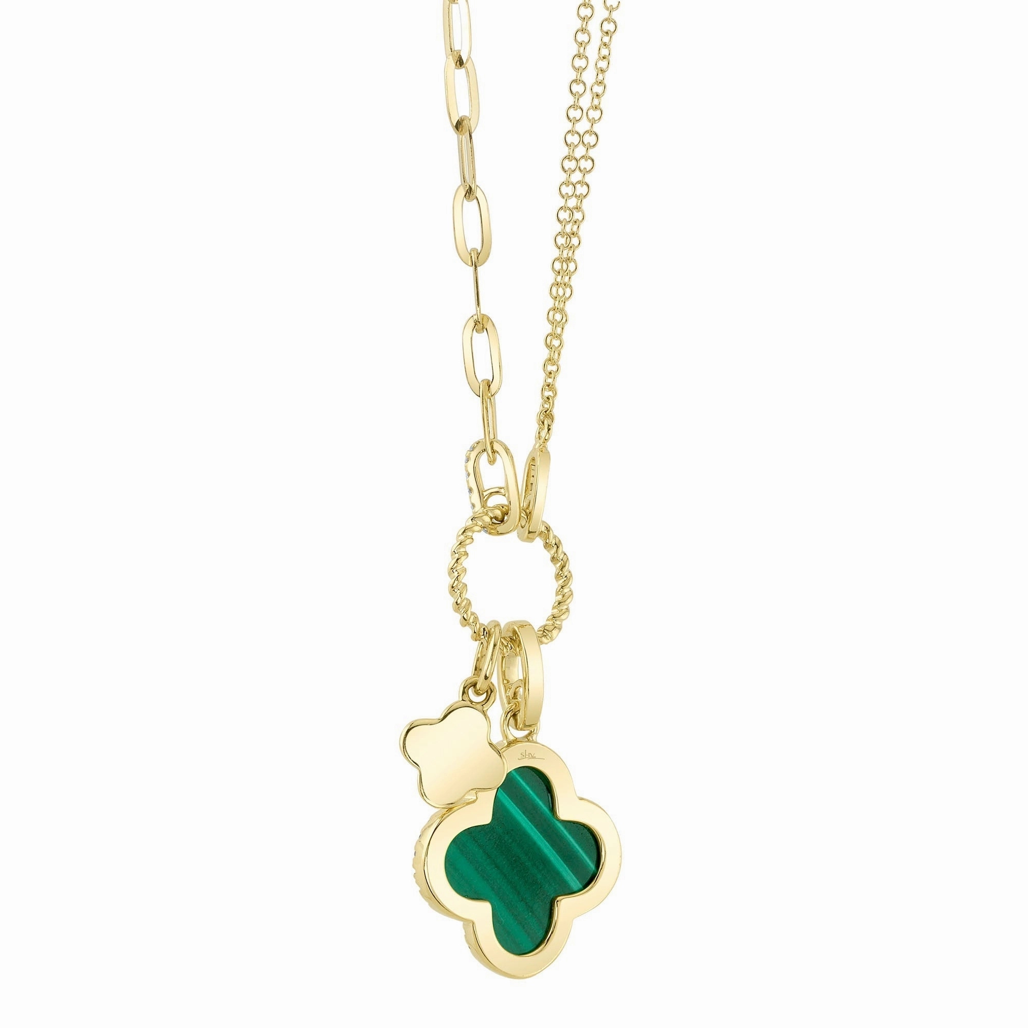 Shy Creation 0.17Ct Diamond & 1.88Ct Malachite Clover Paper Clip Link Necklace SC55023332V2