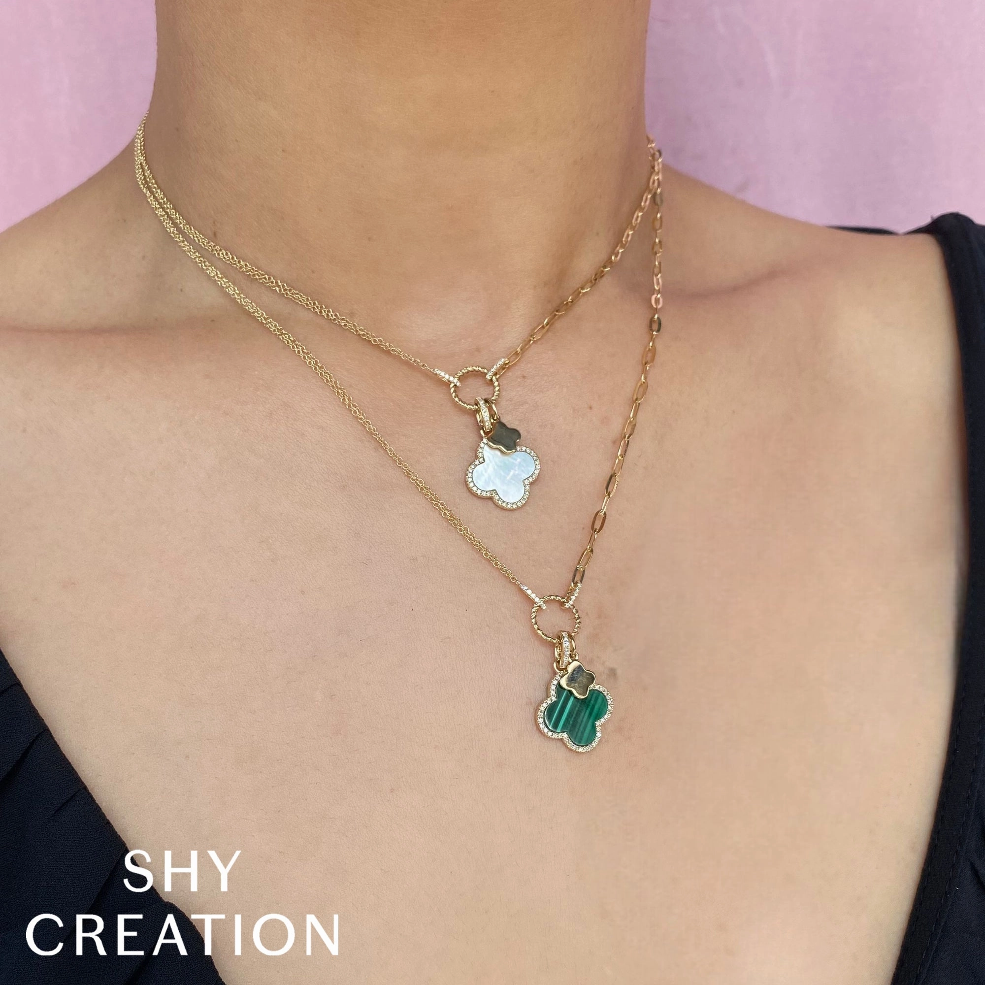 Shy Creation 0.17Ct Diamond & 1.88Ct Malachite Clover Paper Clip Link Necklace SC55023332V2