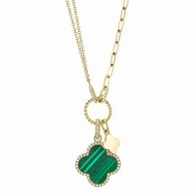 Shy Creation 0.17Ct Diamond & 1.88Ct Malachite Clover Paper Clip Link Necklace SC55023332V2