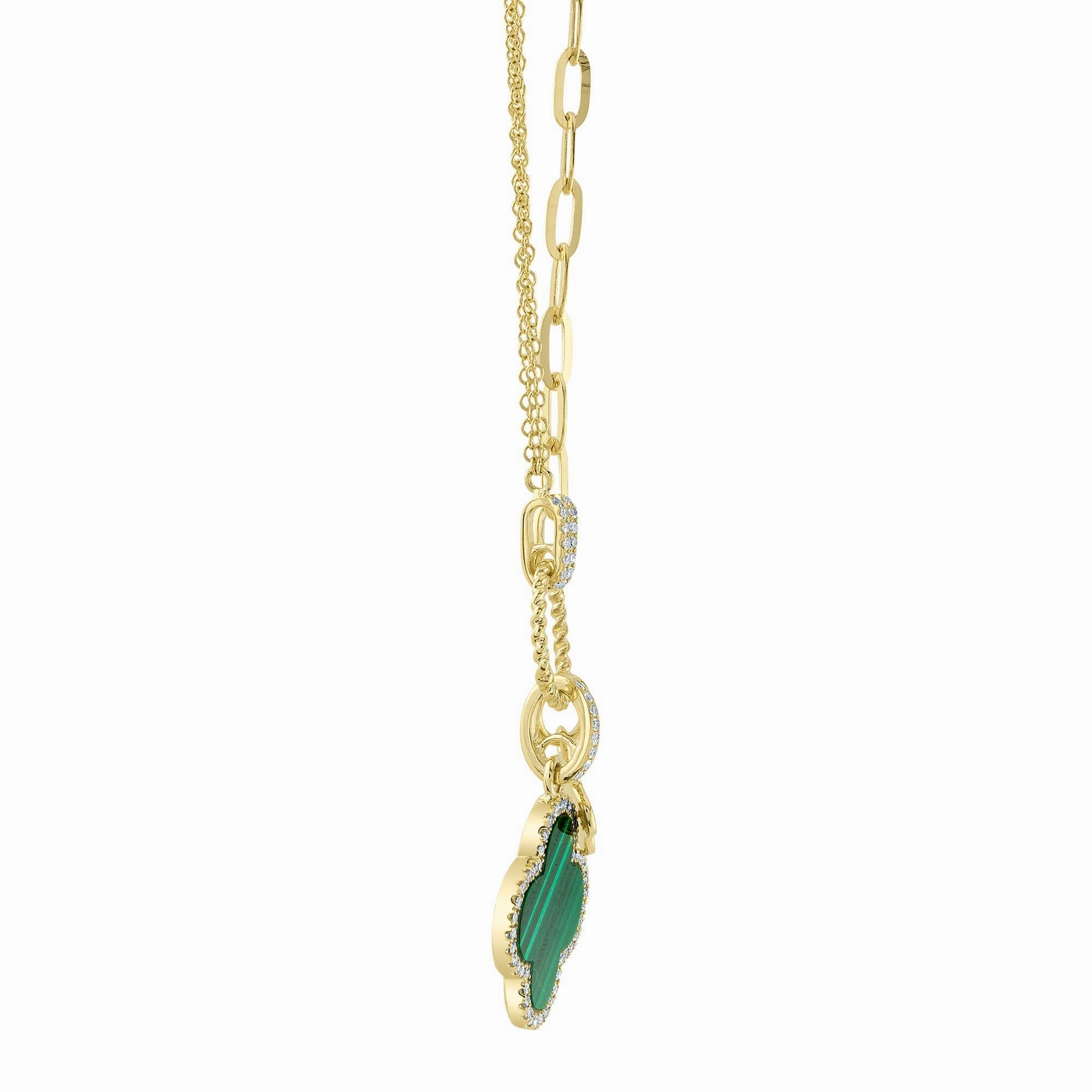 Shy Creation 0.17Ct Diamond & 1.88Ct Malachite Clover Paper Clip Link Necklace SC55023332V2