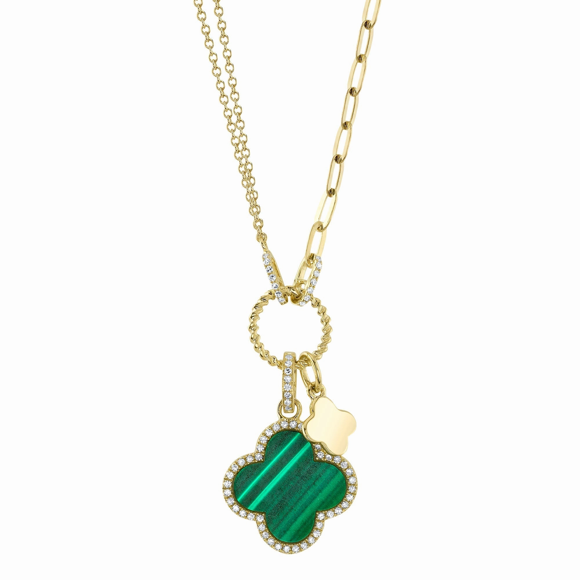 Shy Creation 0.17Ct Diamond & 1.88Ct Malachite Clover Paper Clip Link Necklace SC55023332V2
