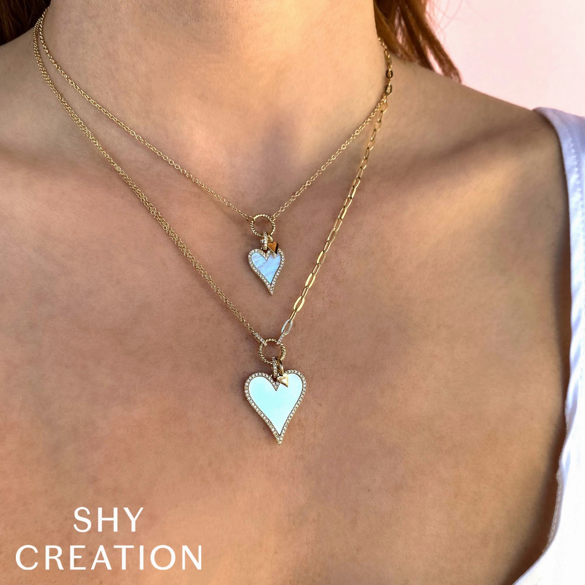 Shy Creation 0.20Ct Diamond & 2.07Ct Mother Of Pearl Heart Paper Clip Link Necklace SC55023860V2