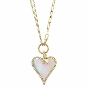 Shy Creation 0.20Ct Diamond & 2.07Ct Mother Of Pearl Heart Paper Clip Link Necklace SC55023860V2
