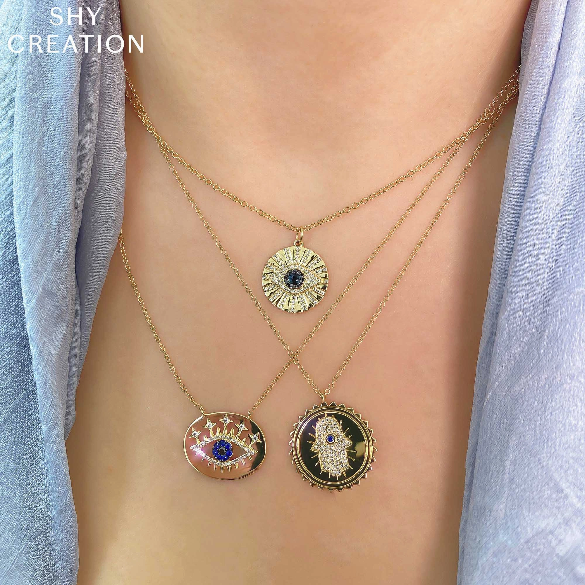 Shy Creation 0.23Ct Black & White Diamond & 0.15Ct Blue Sapphire Eye Necklace SC55021961