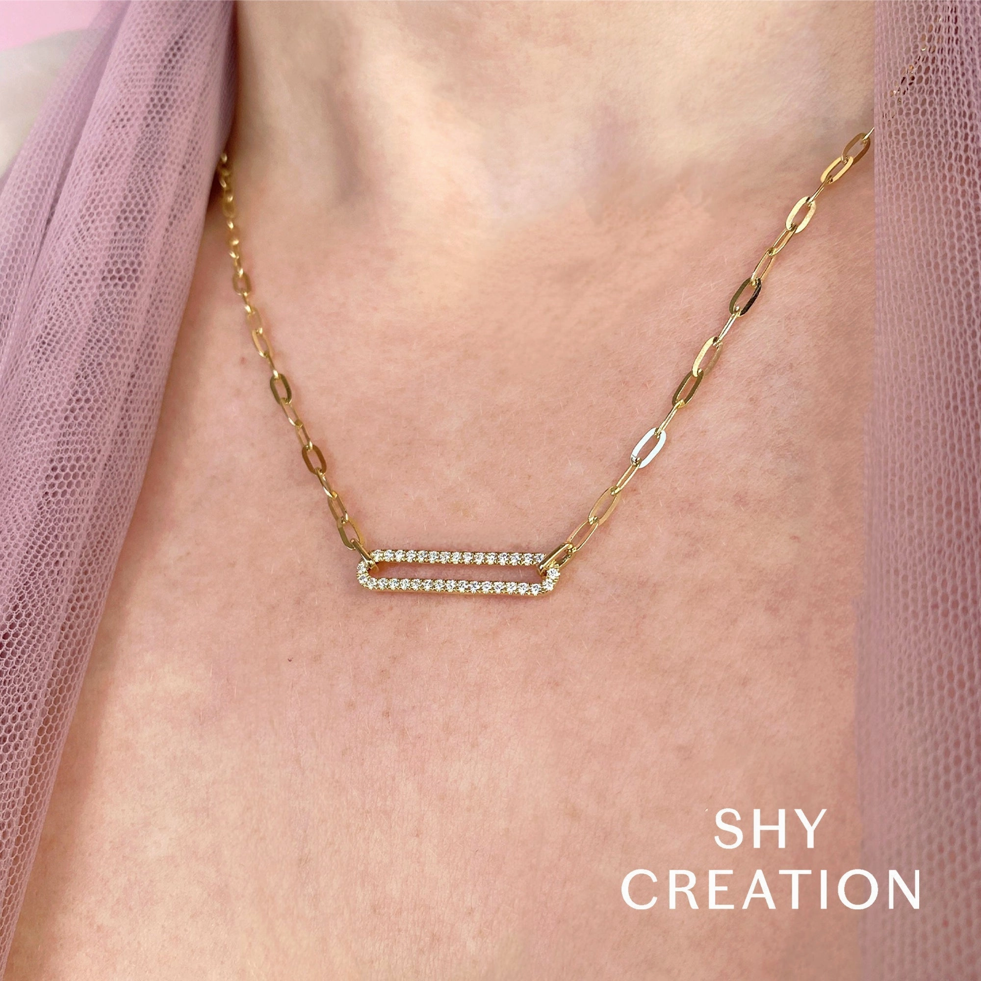 Shy Creation 0.26Ct Diamond Paper Clip Link Necklace SC55023560