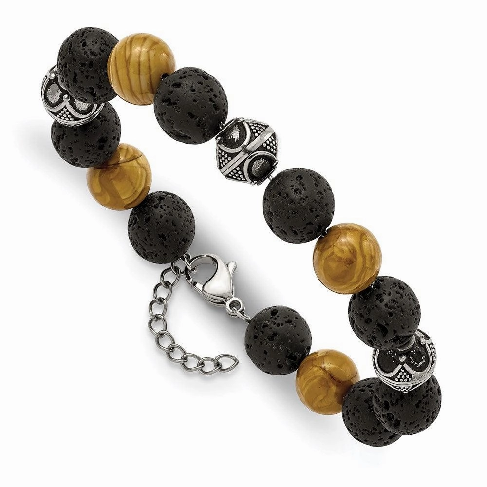Stainless Steel Antiqued 9.5-10mm Lava/Red Wood Stone w/1in ext Bracelet