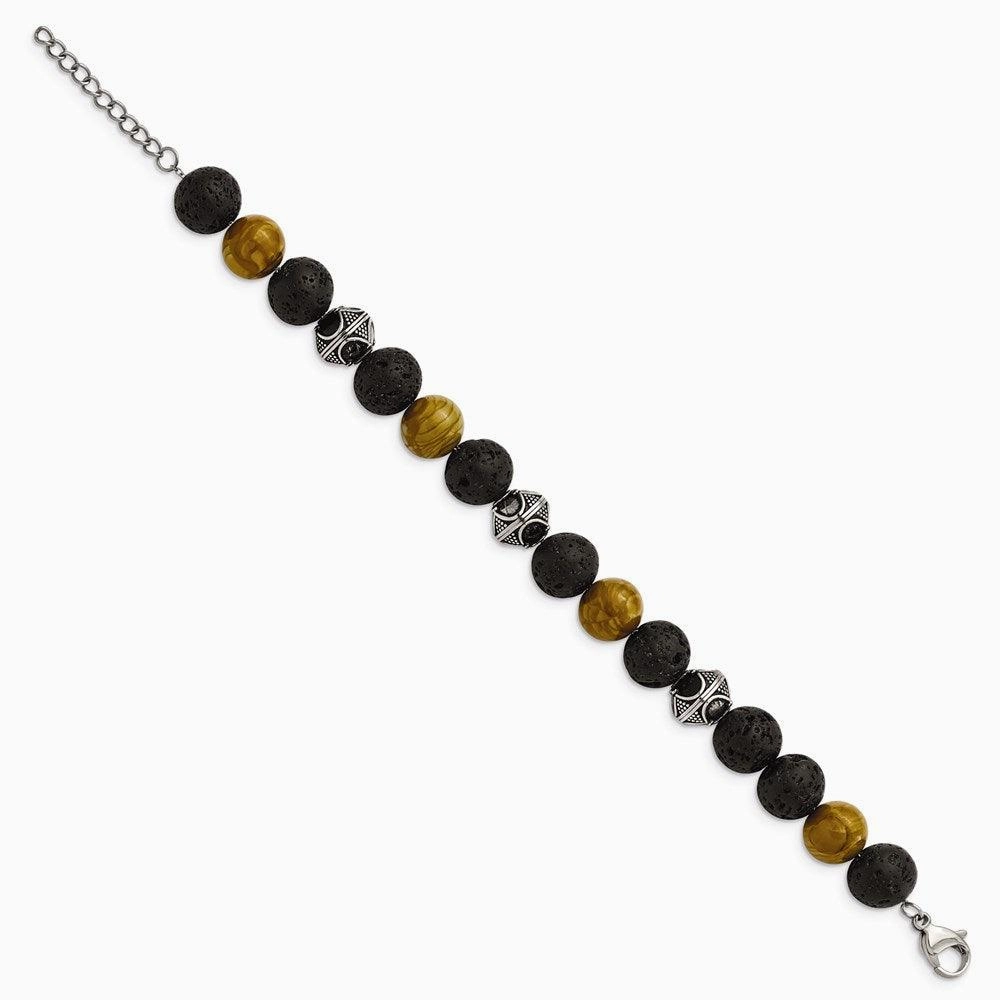 Stainless Steel Antiqued 9.5-10mm Lava/Red Wood Stone w/1in ext Bracelet