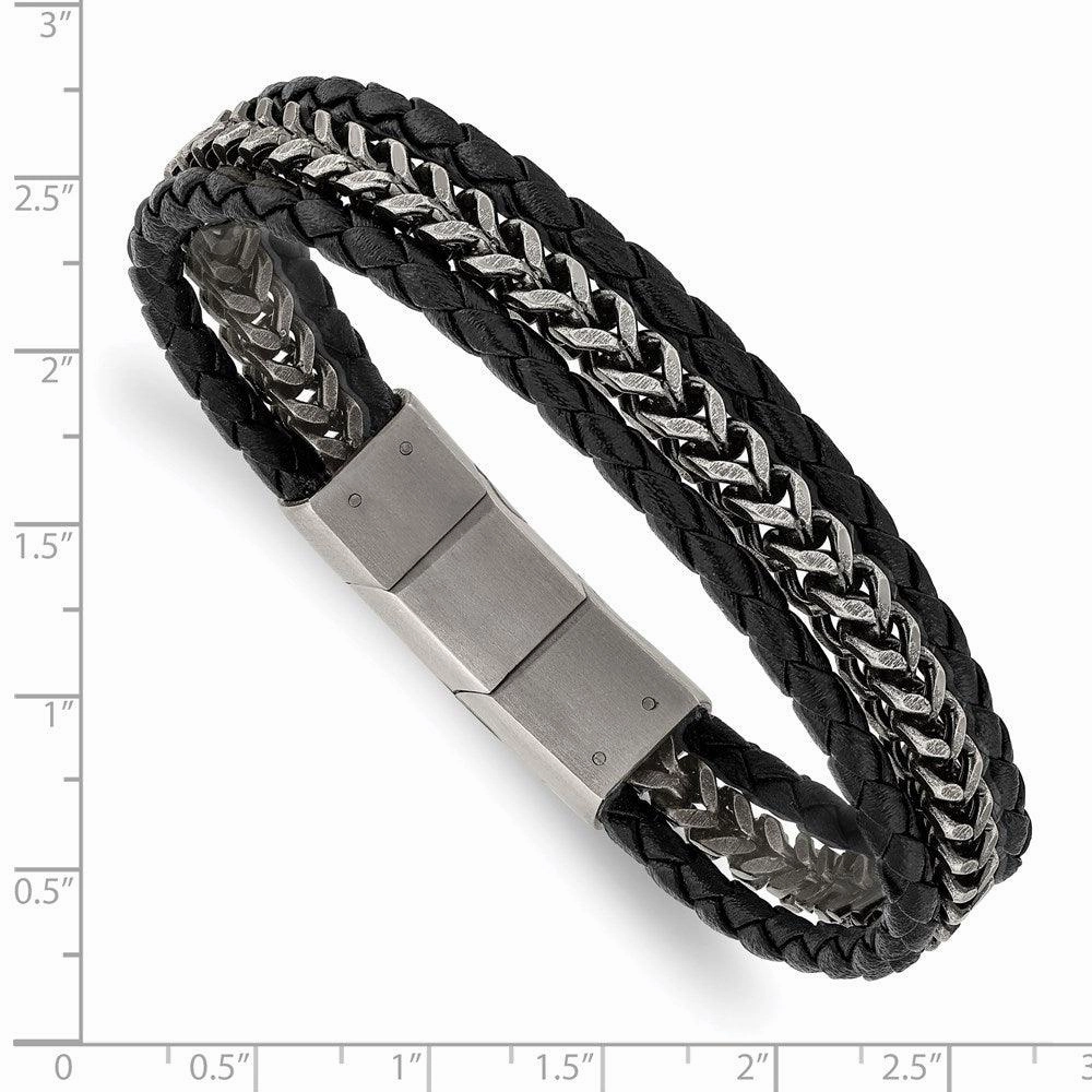 Stainless Steel Antiqued & Brushed Blk Leather w/.5in ext 8.25in Bracelet