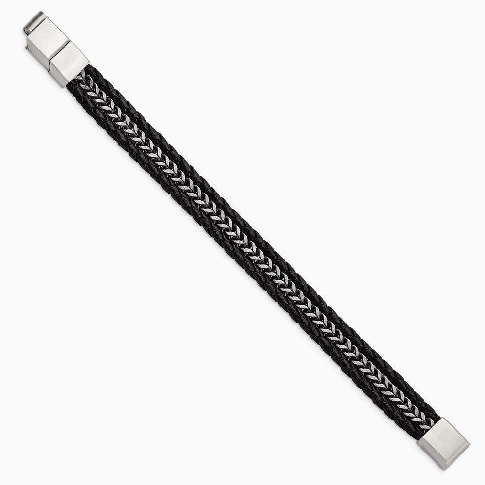 Stainless Steel Antiqued & Brushed Blk Leather w/.5in ext 8.25in Bracelet