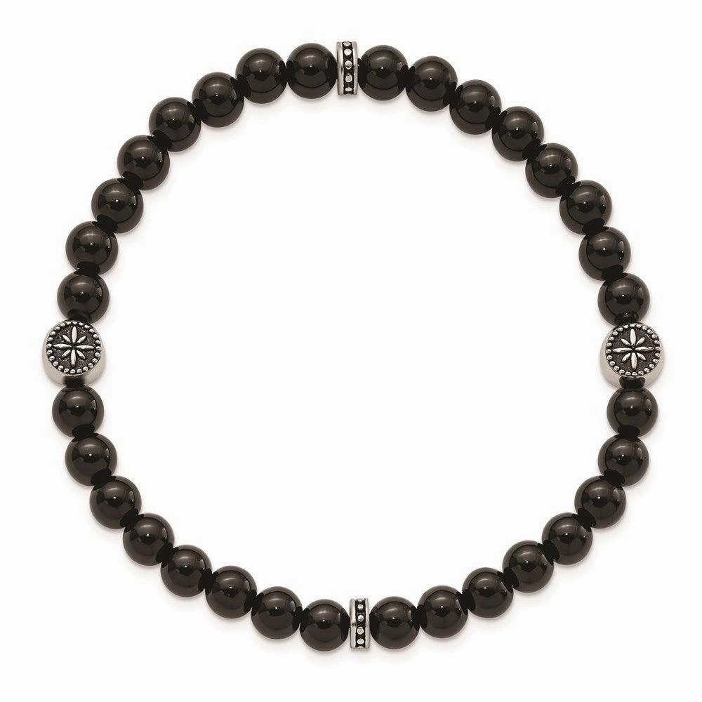 Stainless Steel Antiqued & Polished Black Agate Beaded Stretch Bracelet