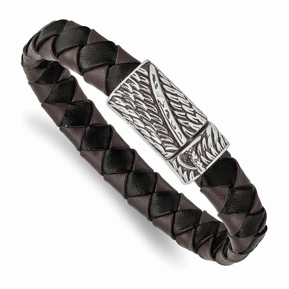Stainless Steel Antiqued & Polished Black/Brown Leather Sword 8.5in Bracele
