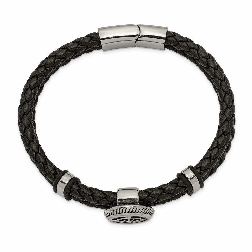Stainless Steel Antiqued & Polished Black Leather Compass 8in Bracelet