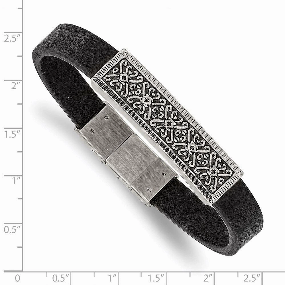 Stainless Steel Antiqued & Polished Black Leather w/.5in ext 8in Bracelet