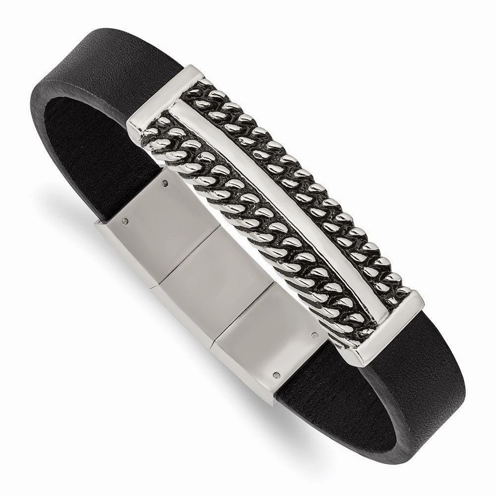 Stainless Steel Antiqued & Polished Black Leather w/.5in ext 8in Bracelet