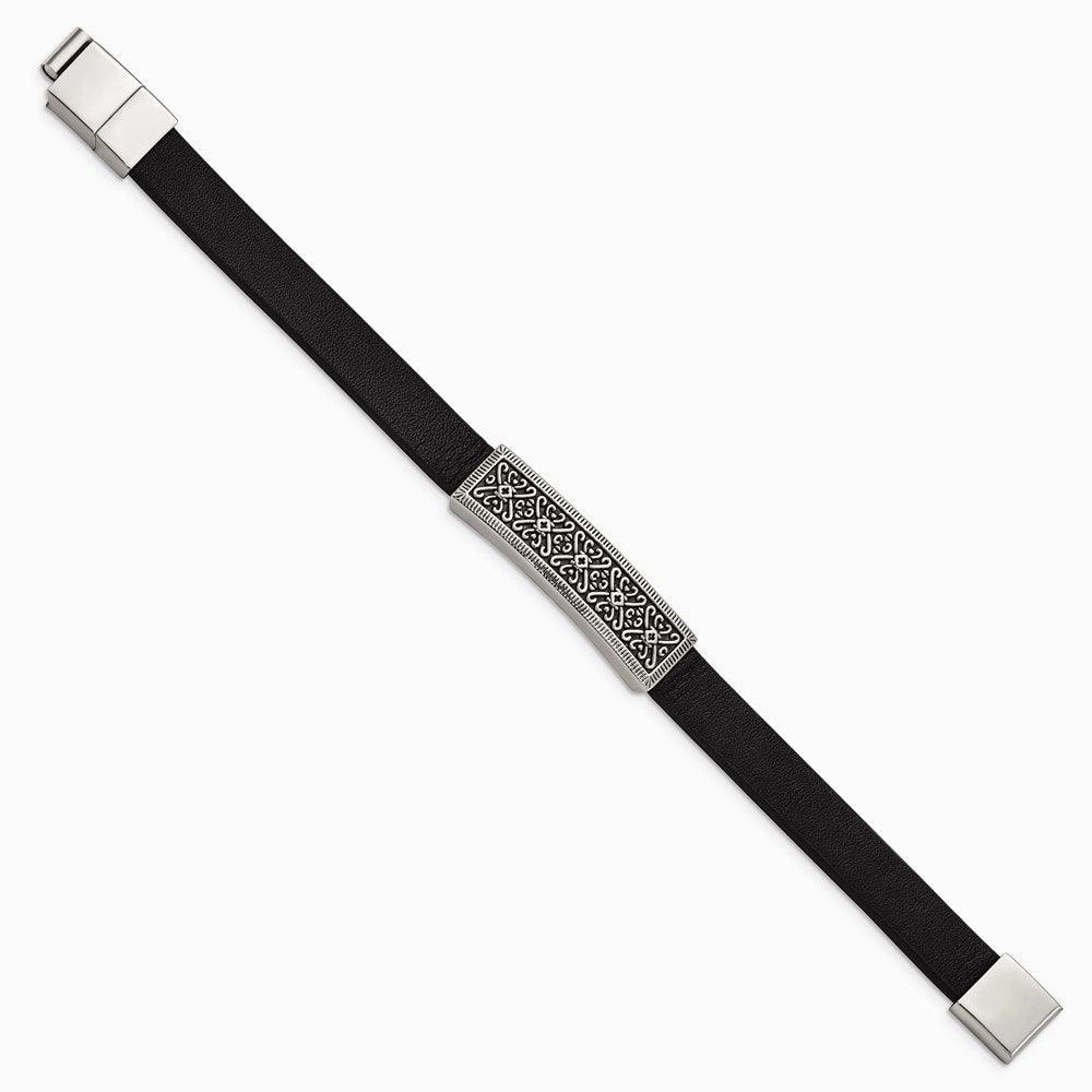 Stainless Steel Antiqued & Polished Black Leather w/.5in ext 8in Bracelet