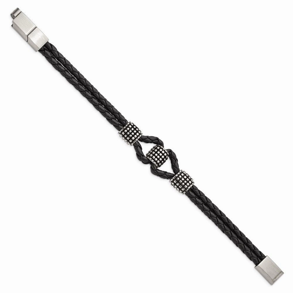 Stainless Steel Antiqued & Polished Black Leather w/.5in ext 8in Bracelet