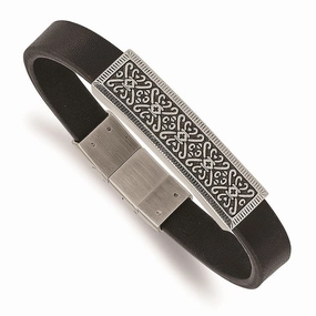 Stainless Steel Antiqued & Polished Black Leather w/.5in ext 8in Bracelet