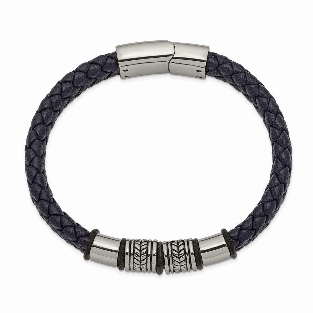 Stainless Steel Antiqued & Polished Blue Leather w/Silicone 8.25in Bracelet