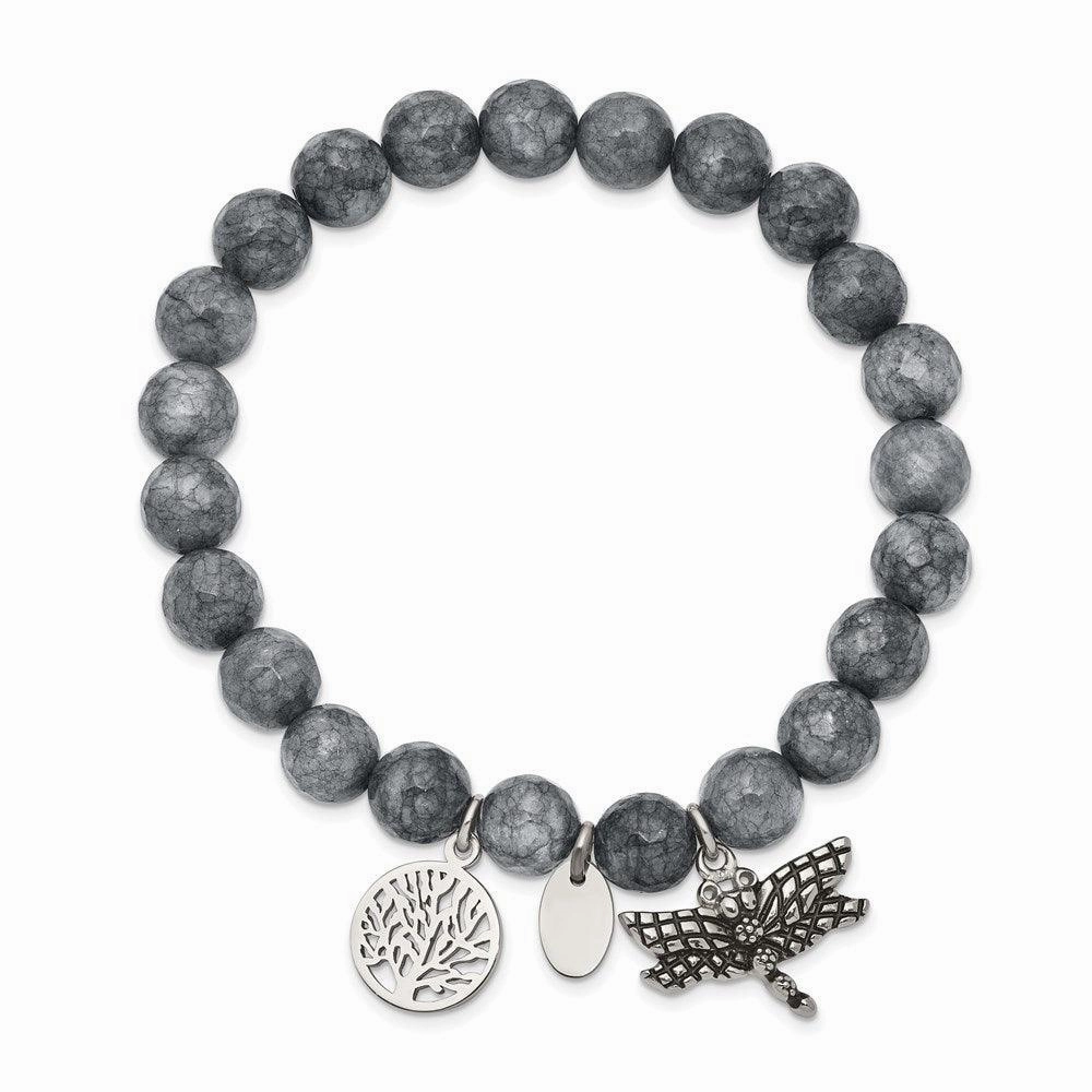 Stainless Steel Antiqued & Polished Dragonfly Grey Dyed Jade Bracelet