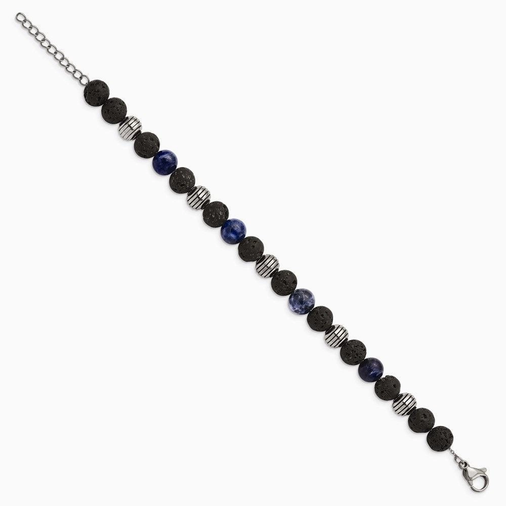 Stainless Steel Antiqued & Polished Lava Stone/Sodalite w/1in ext Bracelet
