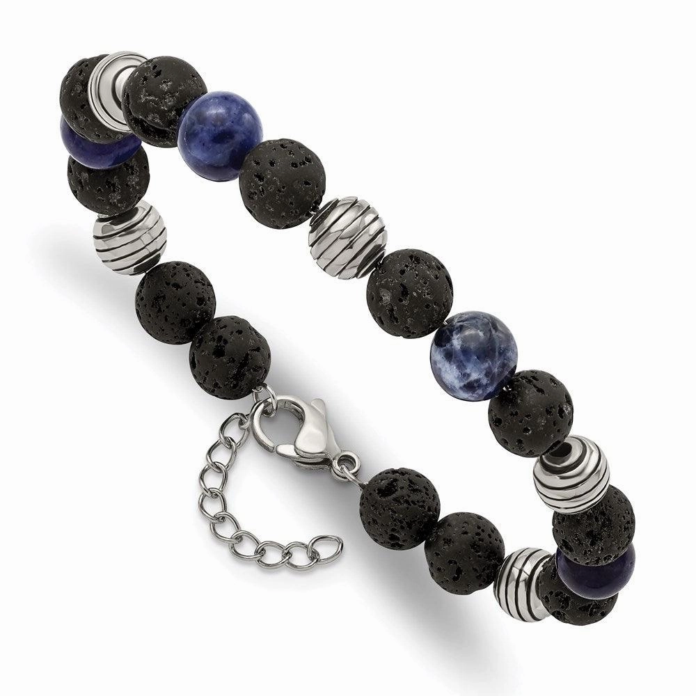 Stainless Steel Antiqued & Polished Lava Stone/Sodalite w/1in ext Bracelet