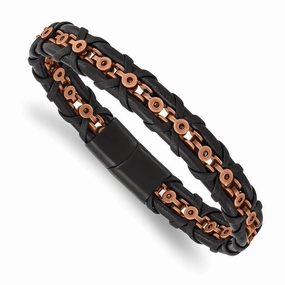 Stainless Steel Antiqued & Polished Rose IP-plated Leather 8.5in Bracelet