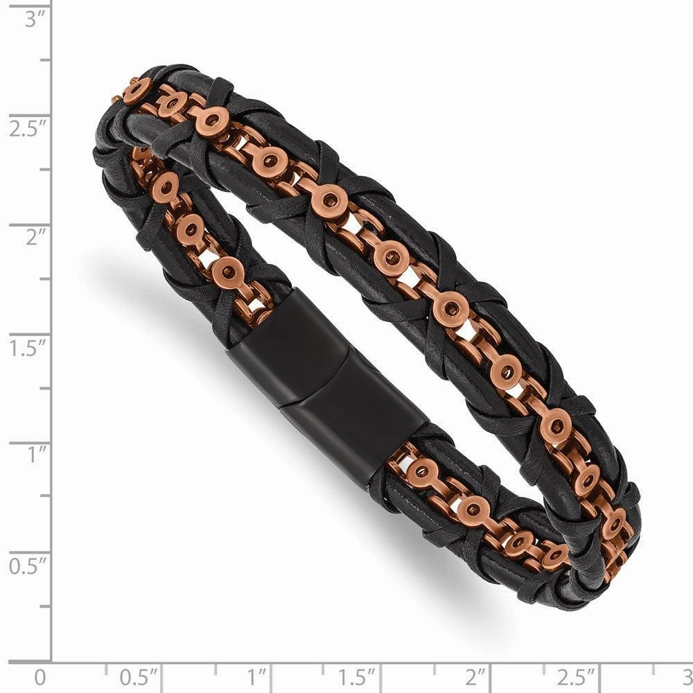 Stainless Steel Antiqued & Polished Rose IP-plated Leather 8.5in Bracelet