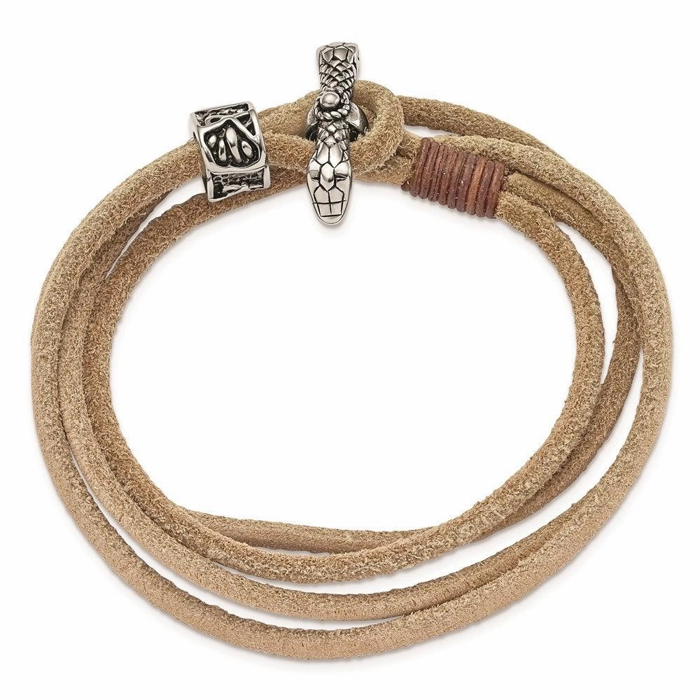 Stainless Steel Antiqued & Polished Snake Heads Leather 16in Wrap Bracelet