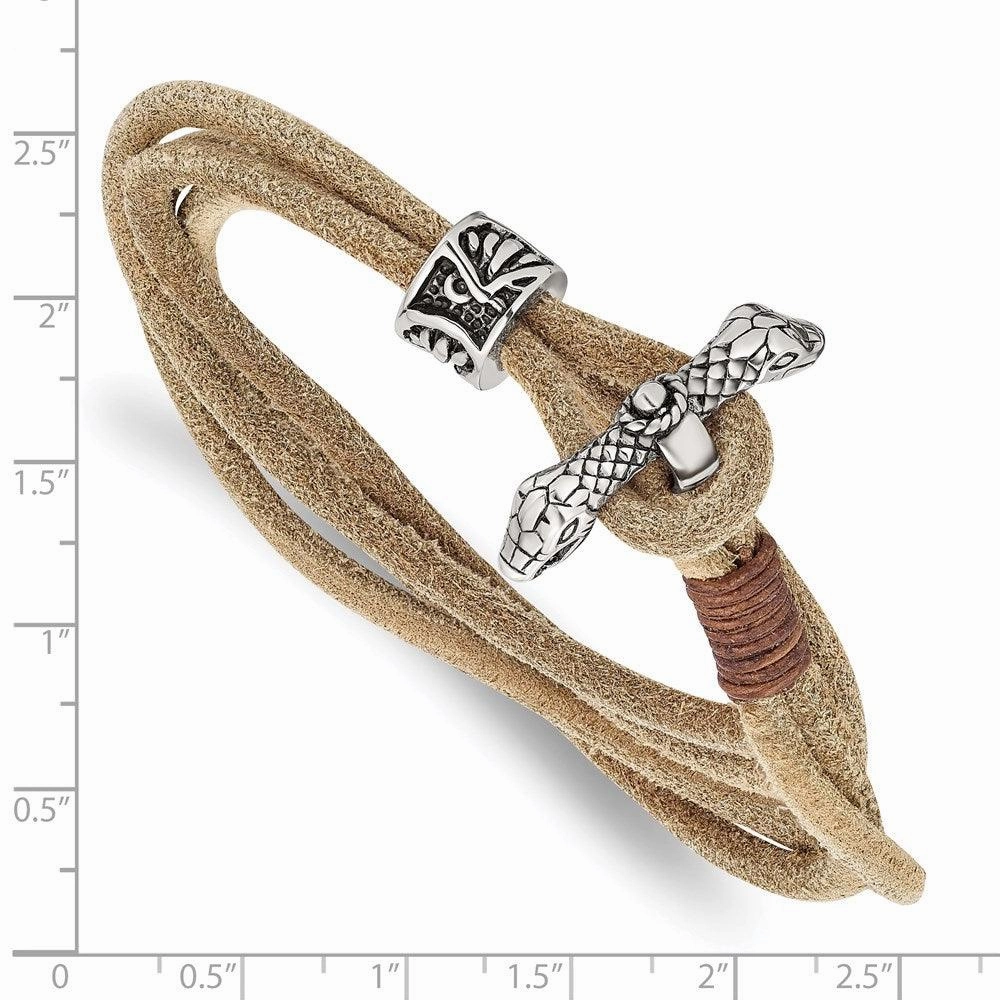 Stainless Steel Antiqued & Polished Snake Heads Leather 16in Wrap Bracelet