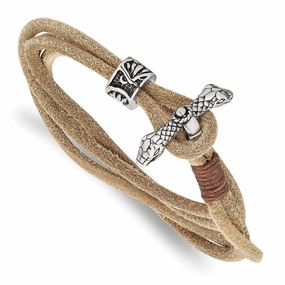 Stainless Steel Antiqued & Polished Snake Heads Leather 16in Wrap Bracelet