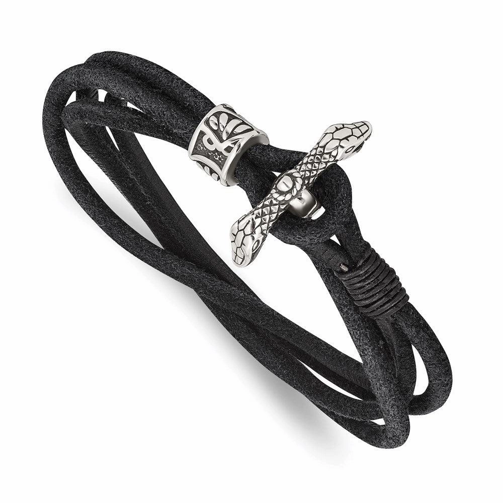 Stainless Steel Antiqued & Polished Snake Suede 16.5in Wrap Bracelet