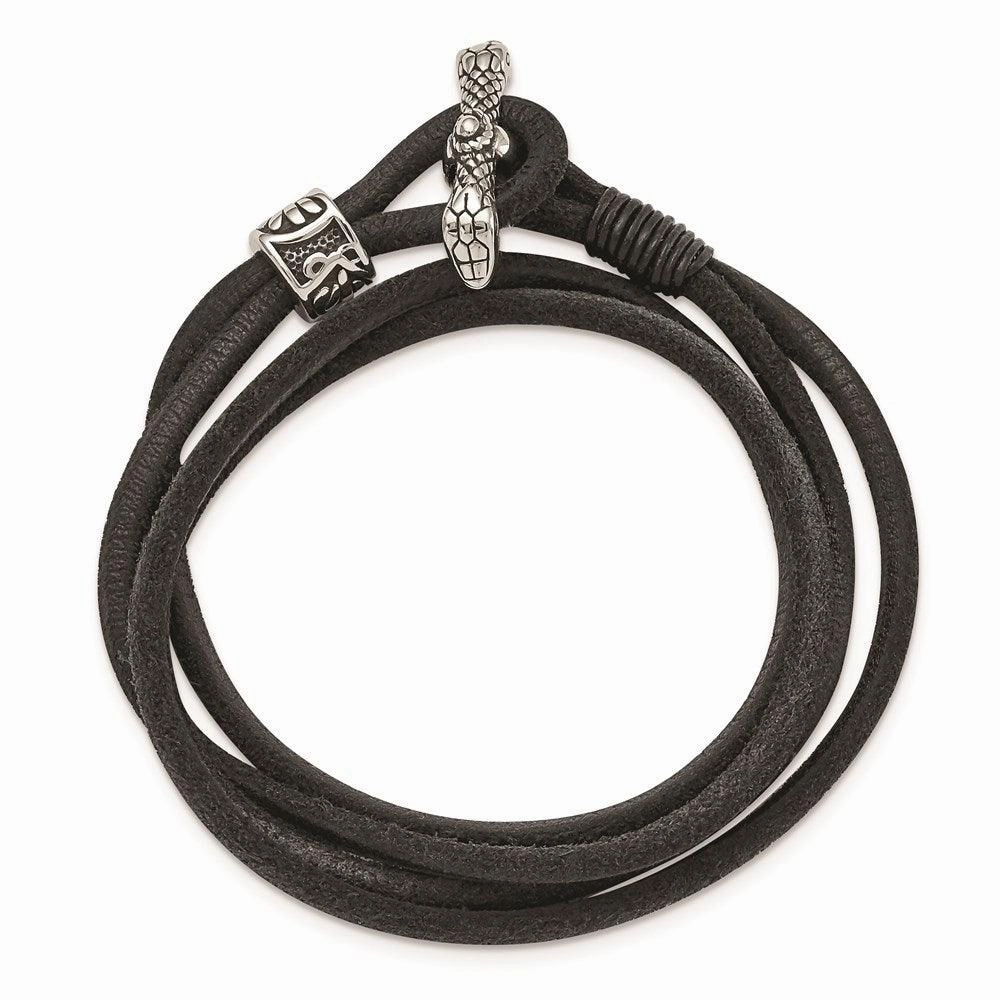 Stainless Steel Antiqued & Polished Snake Suede 16.5in Wrap Bracelet