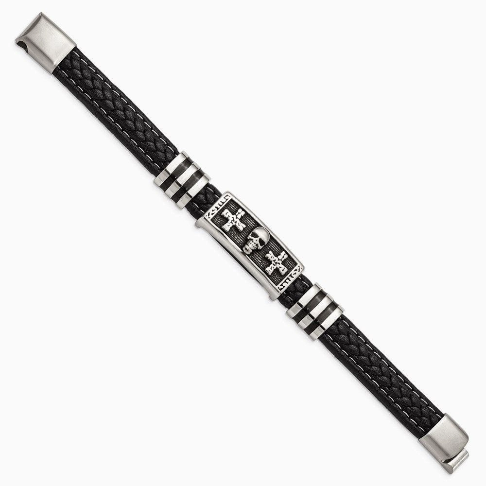 Stainless Steel Antiqued & Polished w/Enamel Skull Faux Leather Bracelet