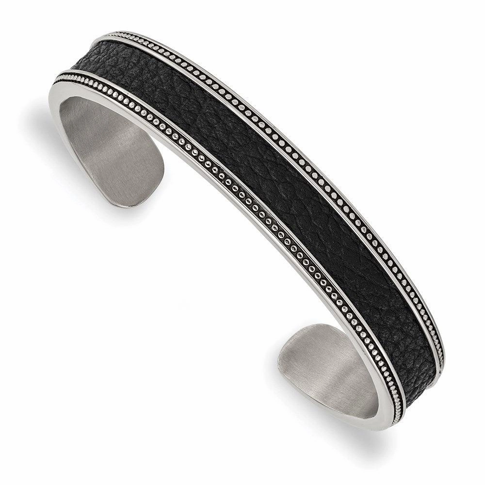 Stainless Steel Antiqued & Polished w/Textured Leather Inlay 12mm Bangle