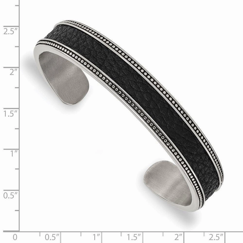 Stainless Steel Antiqued & Polished w/Textured Leather Inlay 12mm Bangle