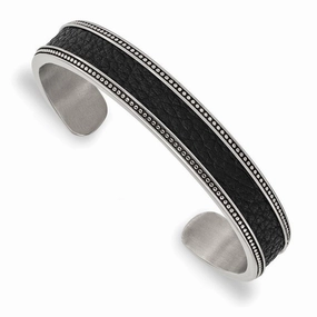 Stainless Steel Antiqued & Polished w/Textured Leather Inlay 12mm Bangle