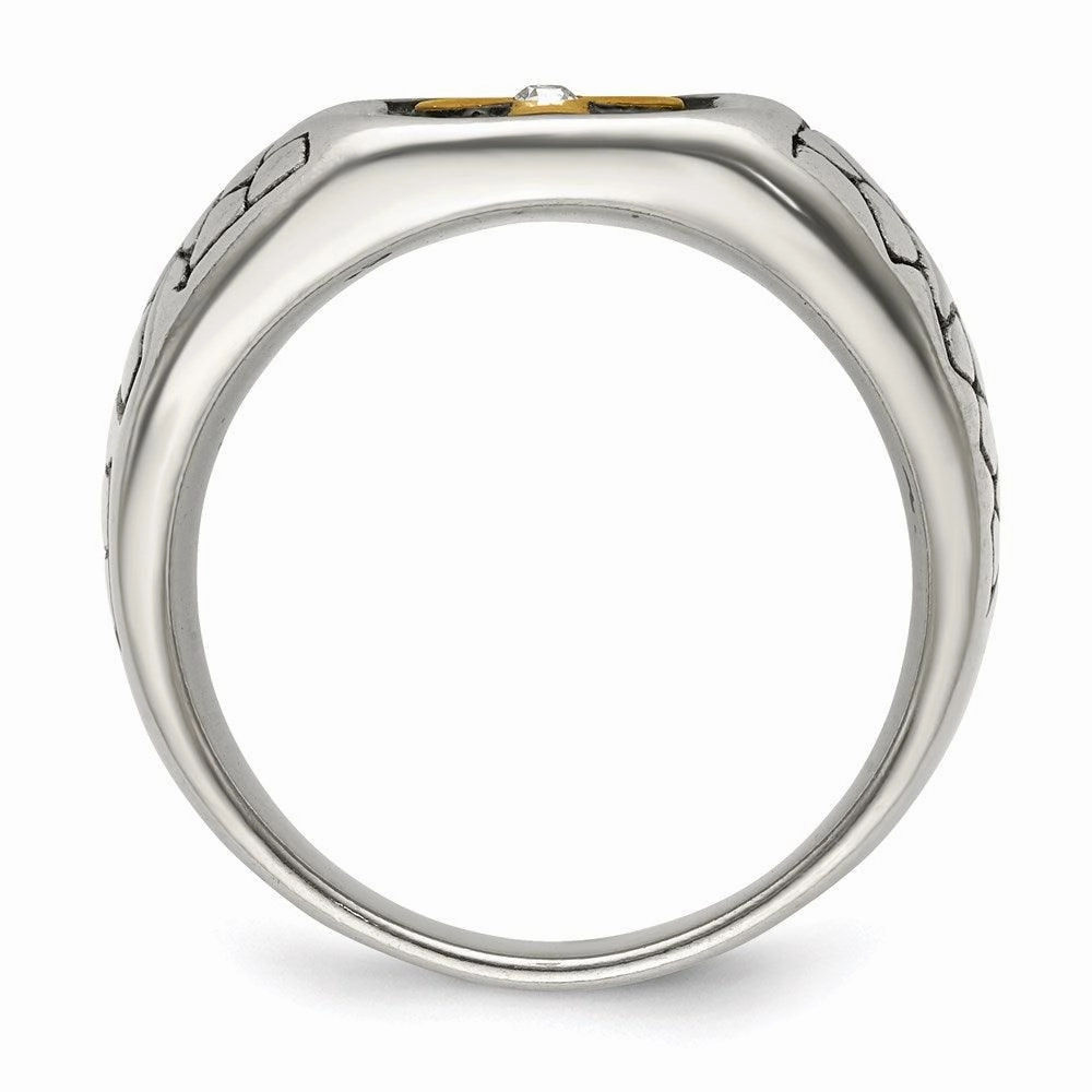 Stainless Steel Antiqued & Polished Yellow IP-plated w/Crystal Cross Ring