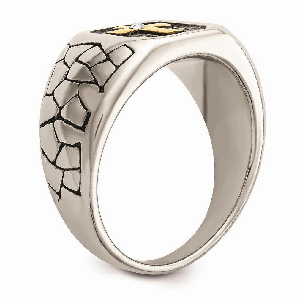 Stainless Steel Antiqued & Polished Yellow IP-plated w/Crystal Cross Ring