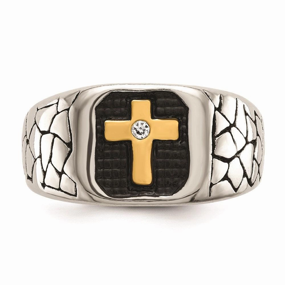 Stainless Steel Antiqued & Polished Yellow IP-plated w/Crystal Cross Ring