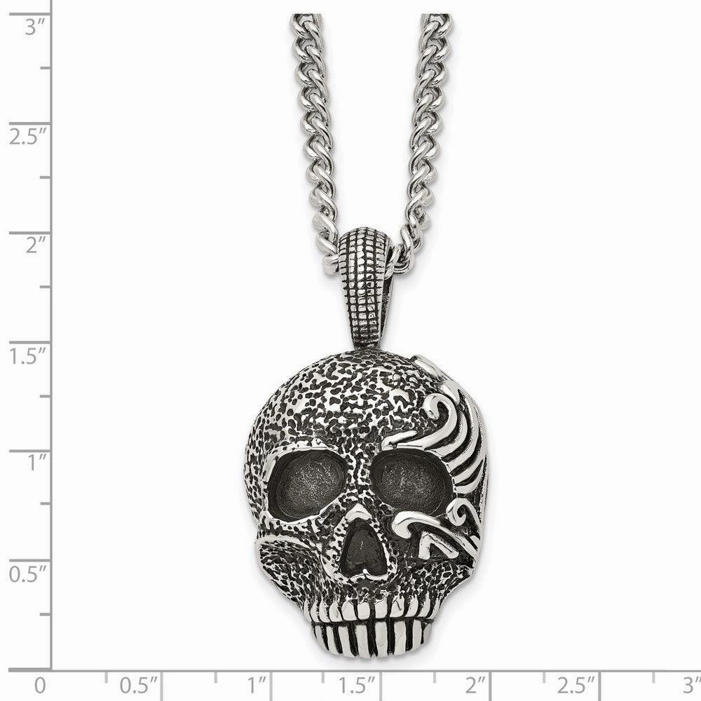Stainless Steel Antiqued & Textured Skull 24in Necklace