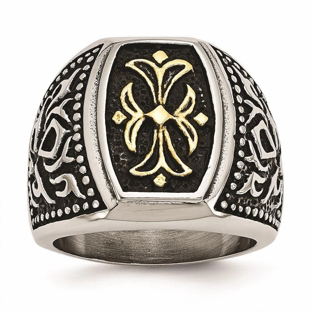 Stainless Steel Antiqued & Yellow IP-plated Cross Ring