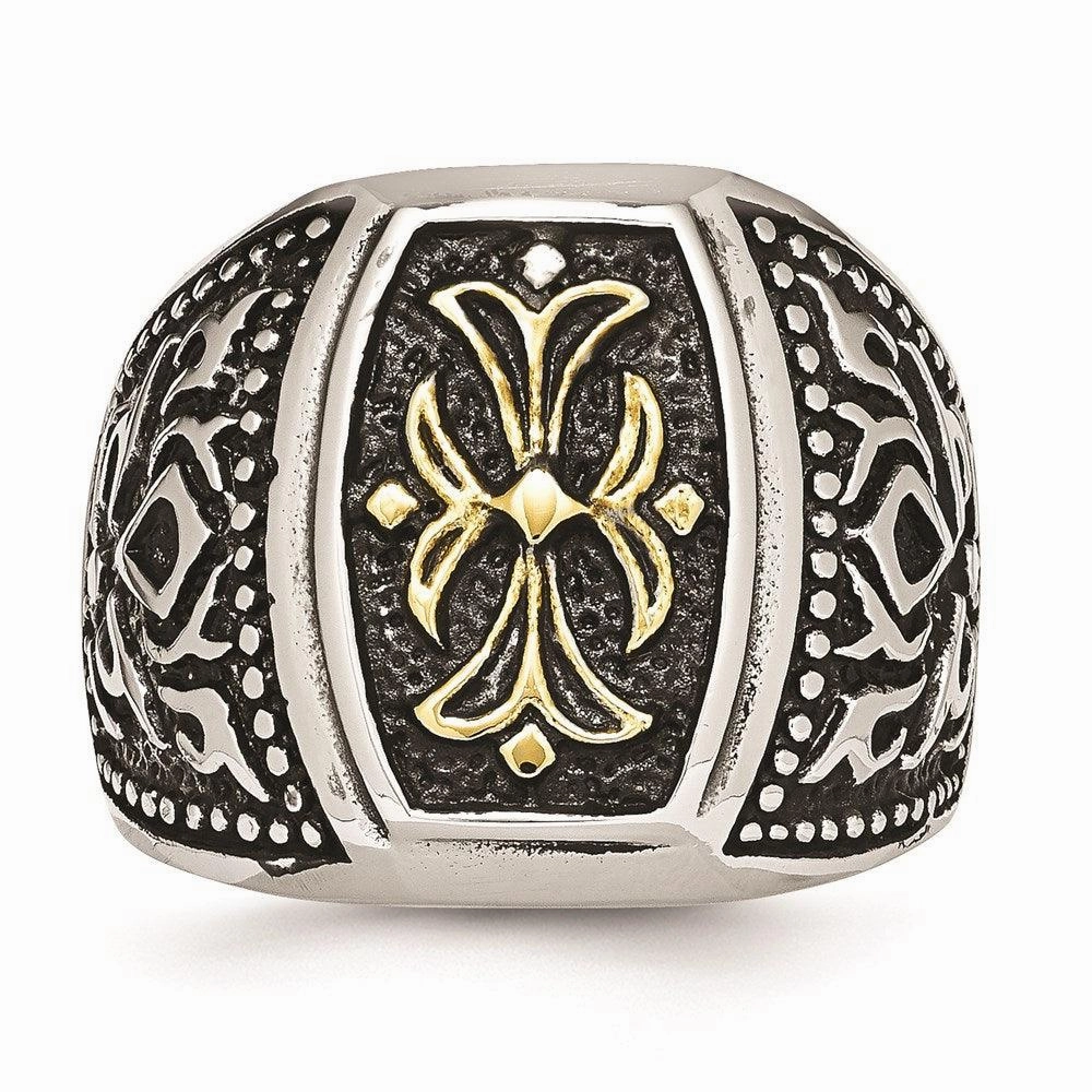 Stainless Steel Antiqued & Yellow IP-plated Cross Ring