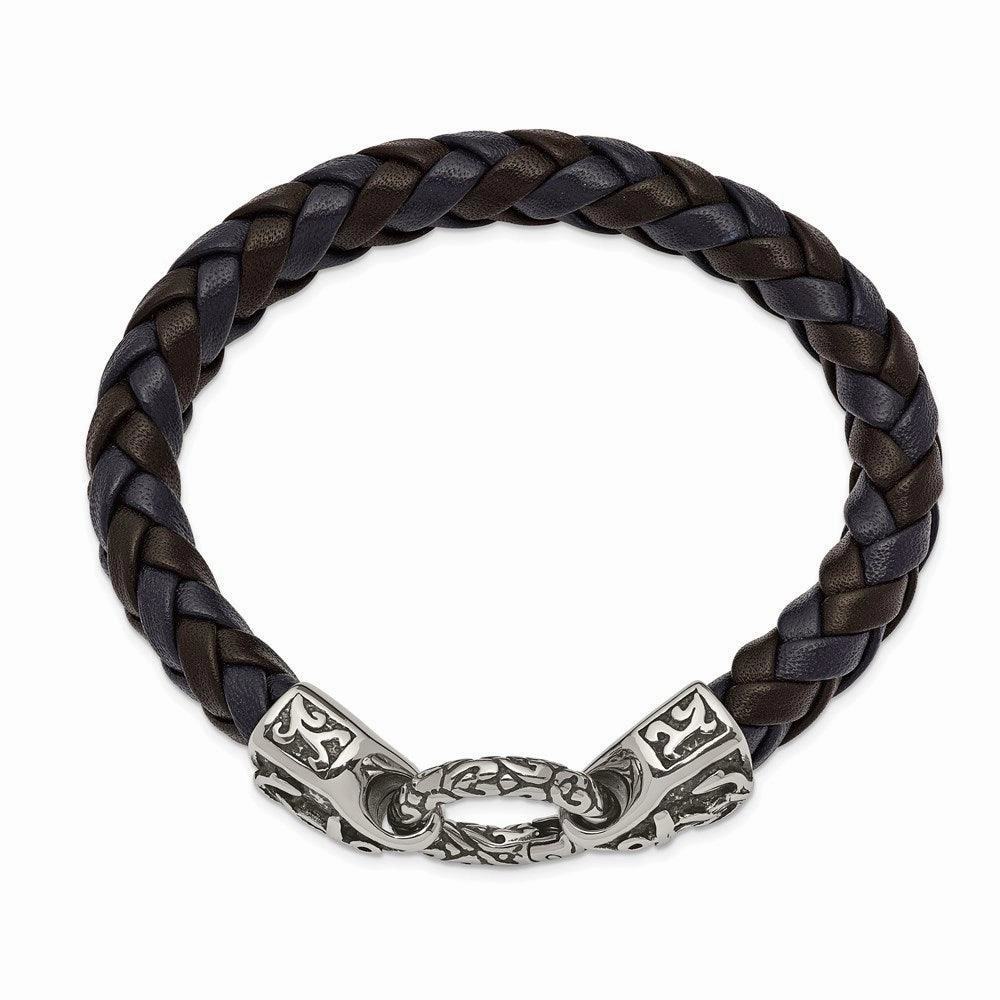 Stainless Steel Antiqued and Polished Black/Blue Leather 8.25in Bracelet