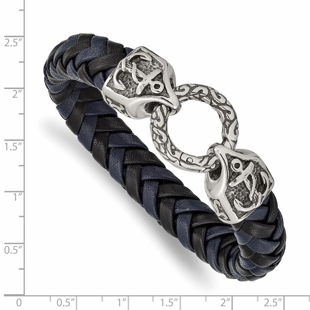 Stainless Steel Antiqued and Polished Black/Blue Leather 8.25in Bracelet