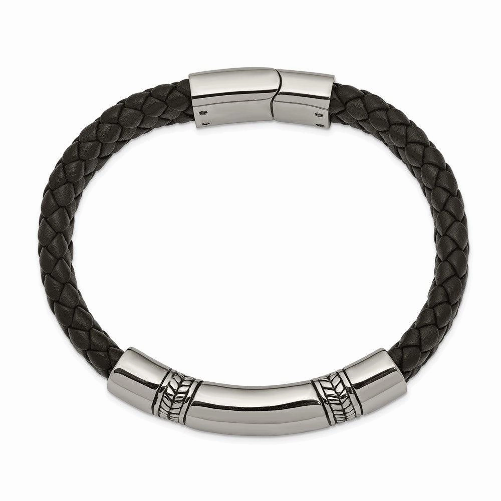 Stainless Steel Antiqued and Polished Black Leather 8.25in ID Bracelet