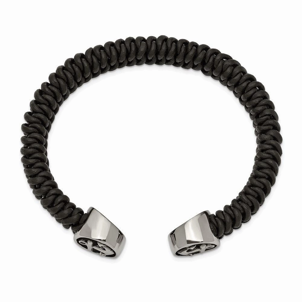 Stainless Steel Antiqued and Polished Black Leather Anchor Cuff Bracelet