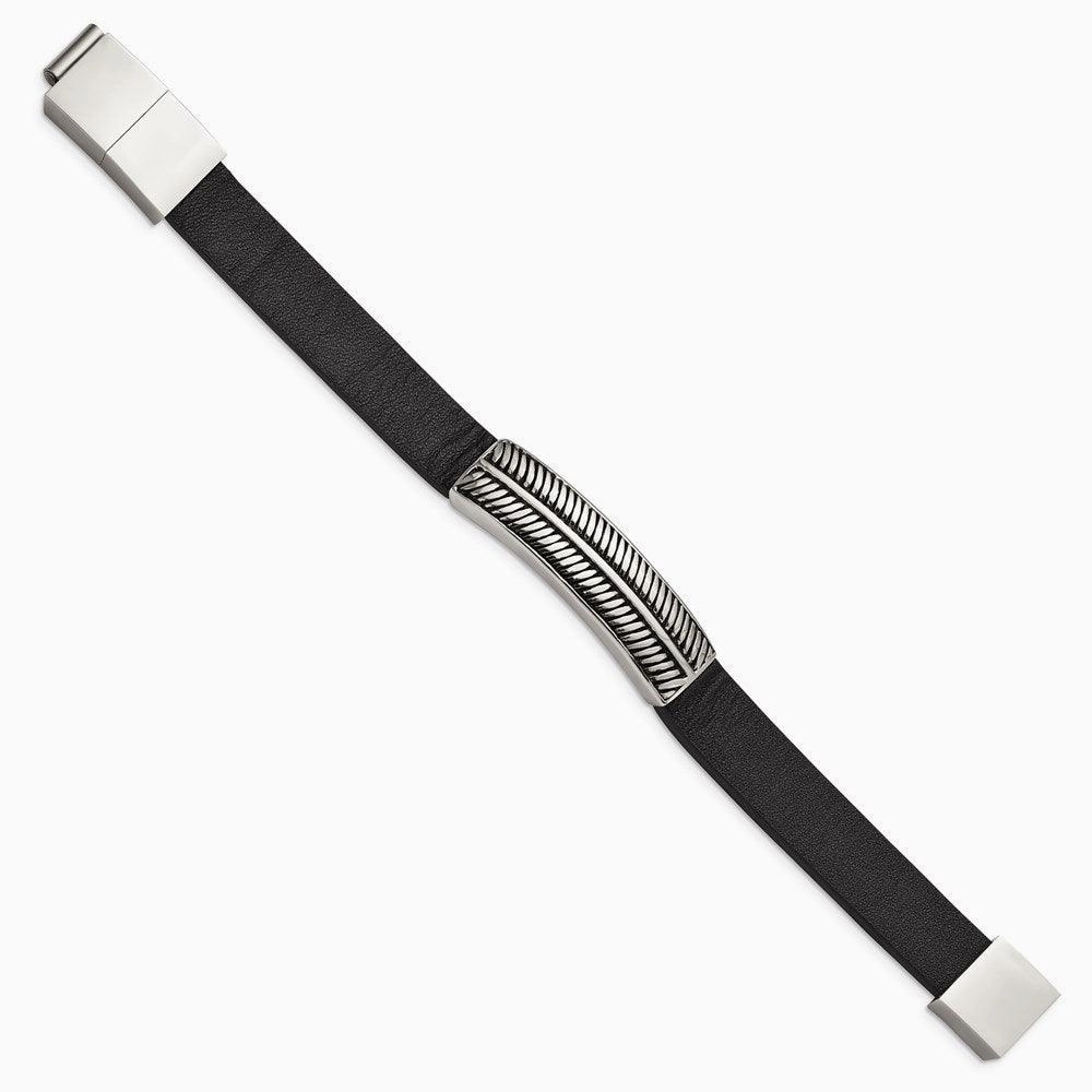 Stainless Steel Antiqued and Polished Black Leather w/.5in ext 8in Bracelet