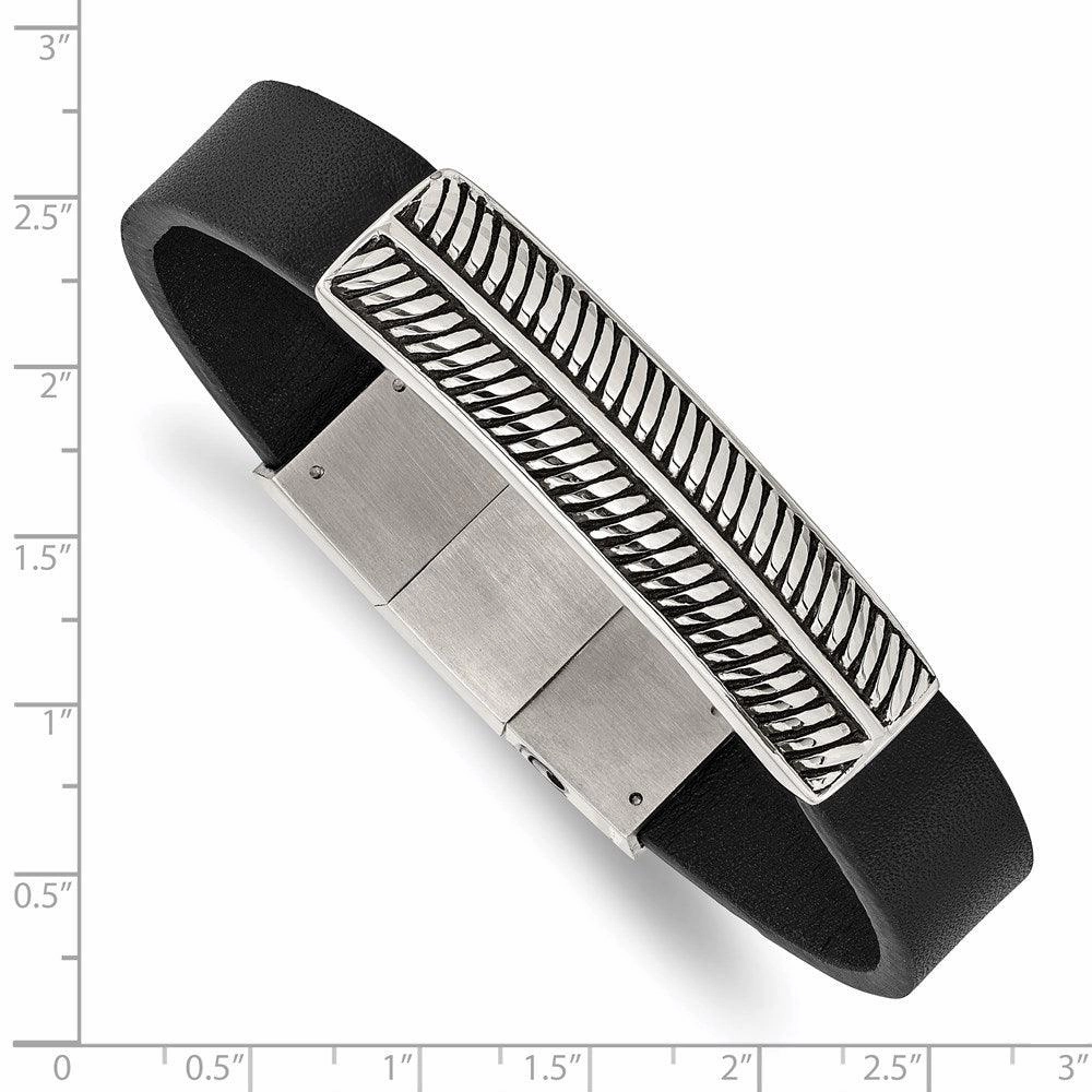 Stainless Steel Antiqued and Polished Black Leather w/.5in ext 8in Bracelet